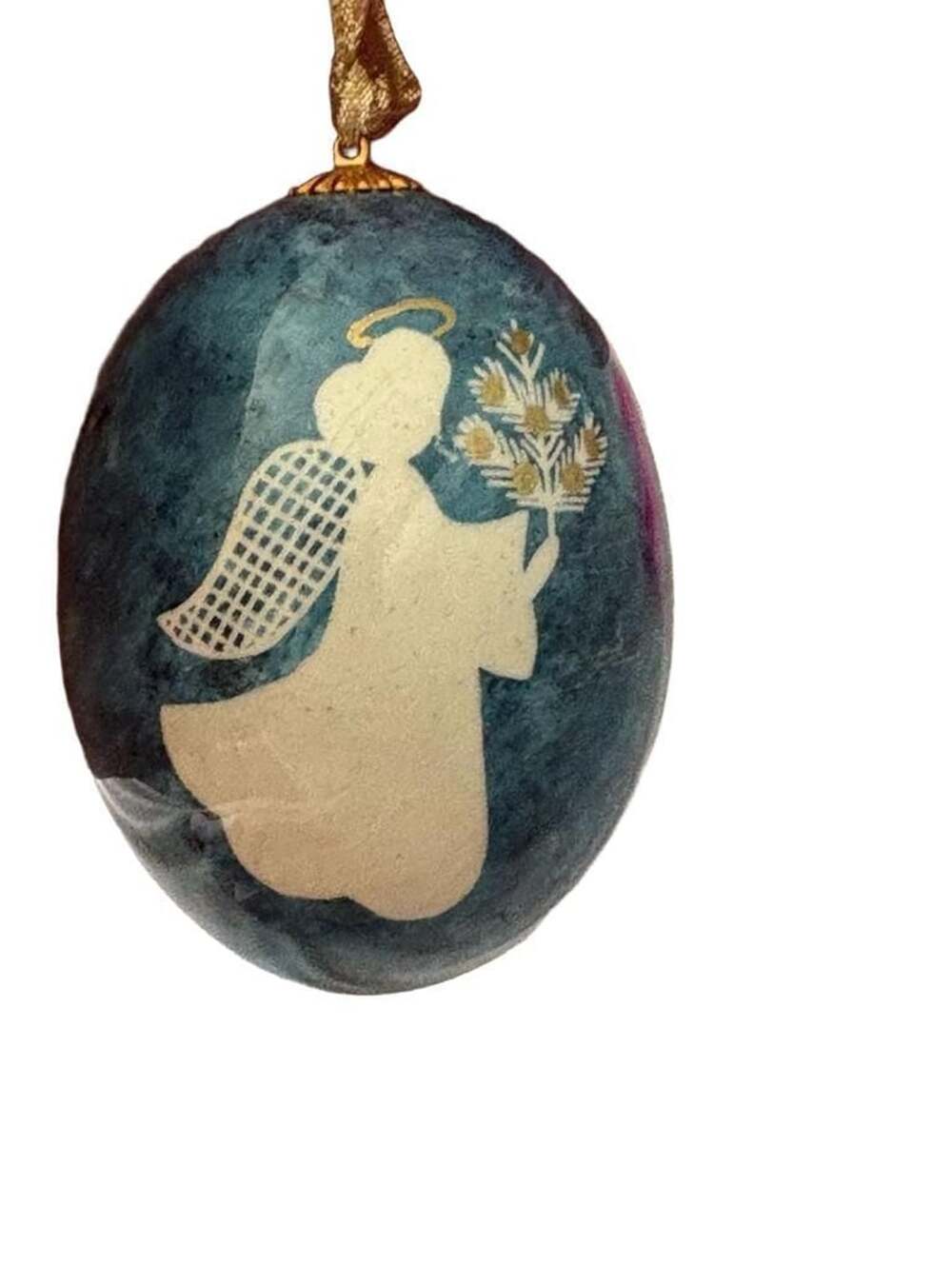 Bari 1995 Hand Painted Angel Egg Ornament Blue Gold Vintage